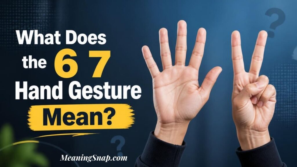 Two hands raised making finger signs explaining what does the 67 hand gesture mean in social media slang.
