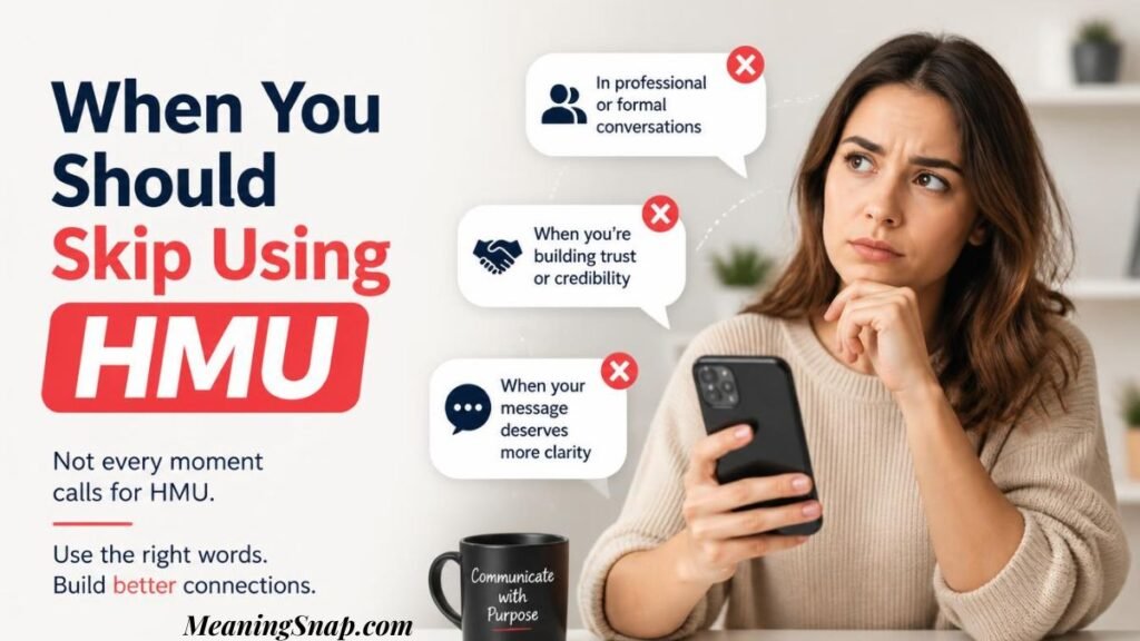 Infographic titled When You Should Skip Using HMU, showing a thoughtful woman holding a phone next to speech bubbles with red cross icons detailing scenarios to avoid the slang phrase.