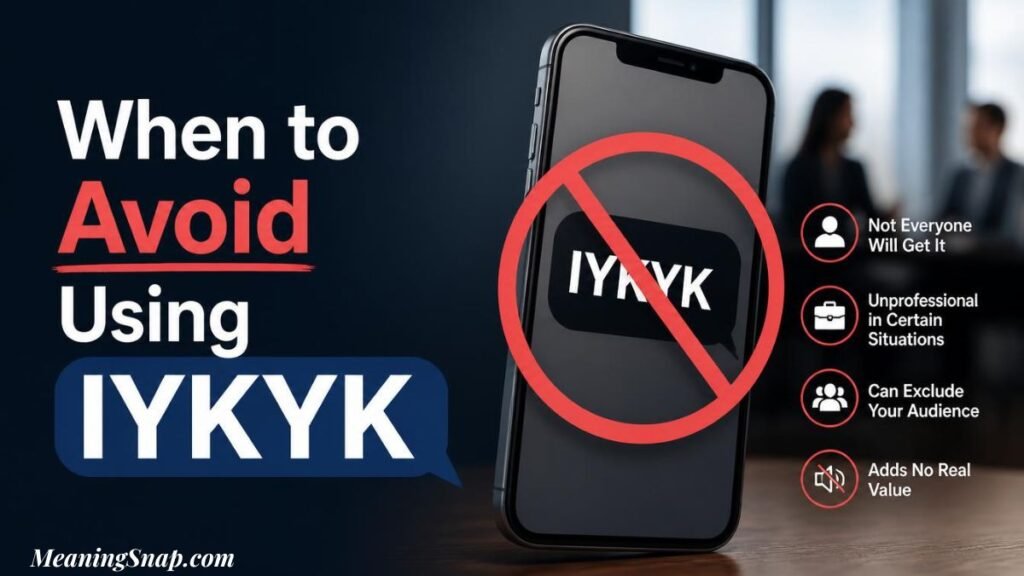 Infographic titled When to Avoid Using IYKYK, featuring a smartphone displaying a crossed-out IYKYK message alongside key etiquette warning points.   
