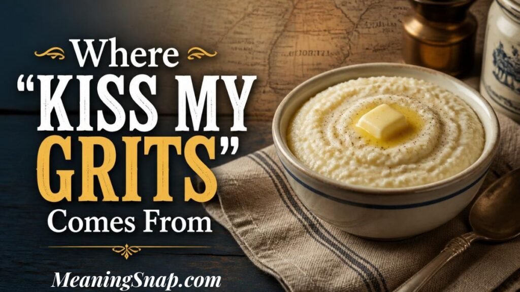 Infographic titled Where "KISS MY GRITS" Comes From, showing a bowl of warm grits topped with melting butter on a rustic wooden table next to a vintage map background.