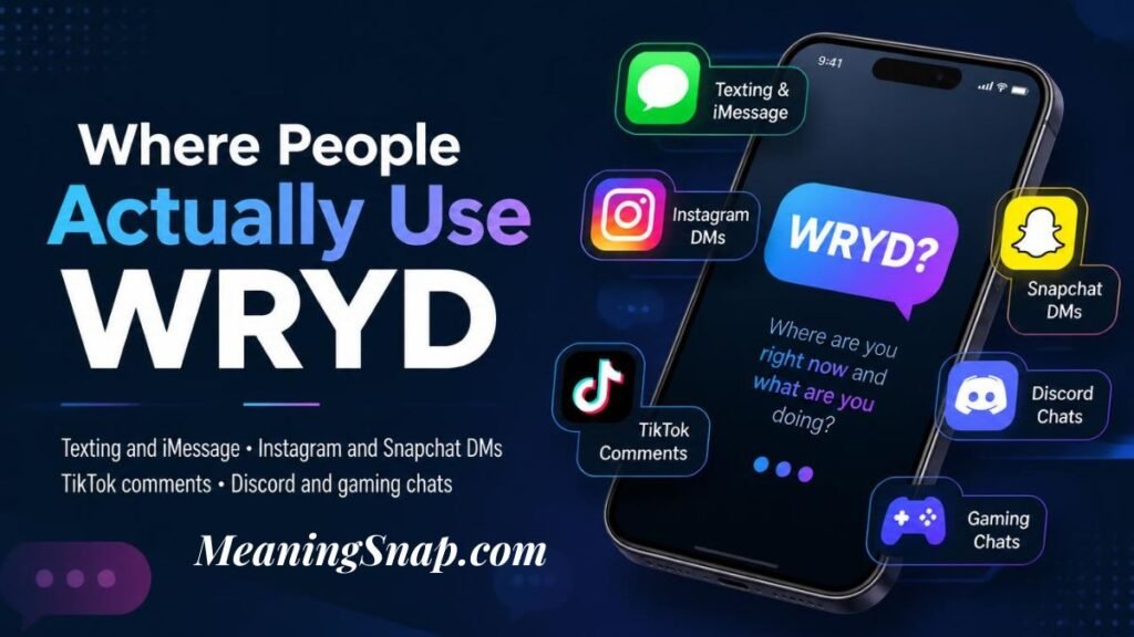 Infographic titled Where People Actually Use WRYD, displaying a smartphone mockup floating among six platform badges including Texting, Instagram, Snapchat, TikTok, Discord, and Gaming Chats.   
