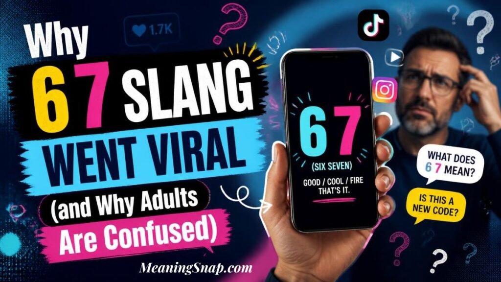 Hand holding smartphone displaying why 67 slang went viral and why adults are confused in digital media trends.
