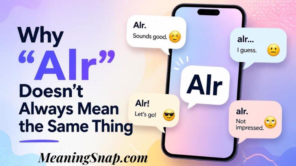 Infographic titled Why "Alr" Doesn't Always Mean the Same Thing, featuring a smartphone surrounded by chat bubbles showing tone variations ranging from enthusiastic ("Alr! Let's go!") to unamused ("alr. Not impressed.").