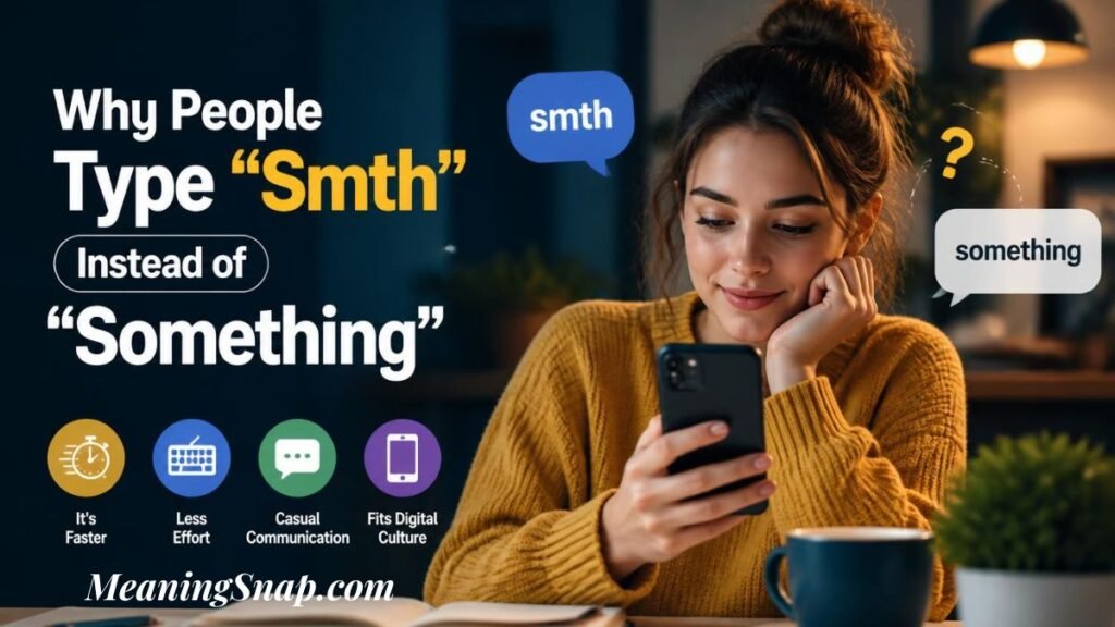 Infographic titled Why People Type "Smth" Instead of "Something", featuring a woman holding a phone with text callouts.   