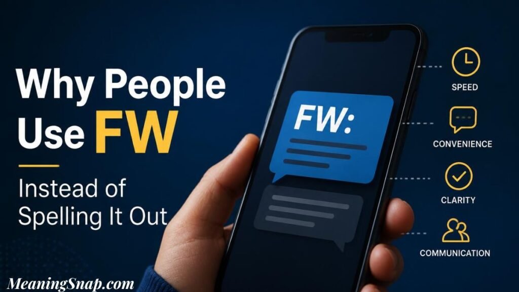 Infographic titled Why People Use FW Instead of Spelling It Out, displaying a hand holding a smartphone showing a blue FW chat bubble alongside key benefits icons for Speed, Convenience, Clarity, and Communication.