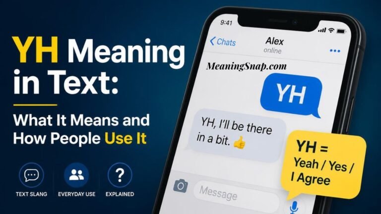 Smartphone screen displaying a chat conversation explaining YH meaning in text Yeah Yes or I Agree in digital messaging