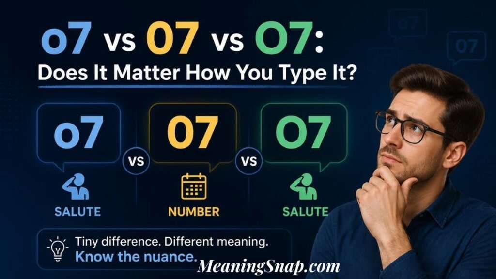 Infographic titled o7 vs 07 vs O7: Does It Matter How You Type It?, showing a thoughtful man in glasses comparing three text variations—lowercase o7 (salute), double digit 07 (number), and uppercase O7 (salute).