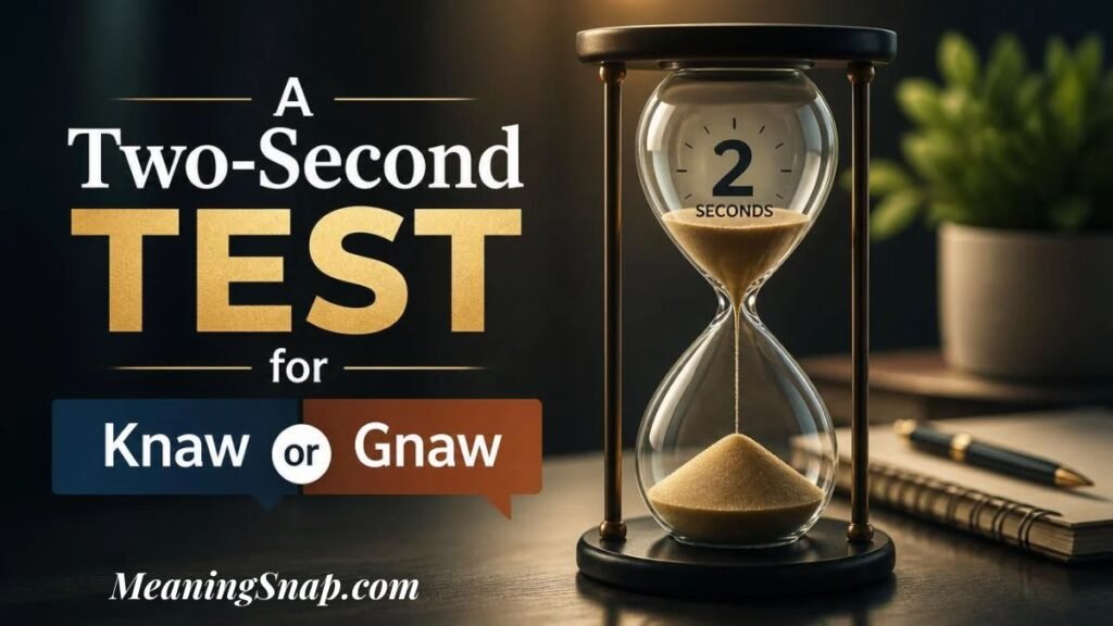 A quick guide for knaw or gnaw with an hourglass, a notebook with a pen, and a potted plant on a wooden desk.   