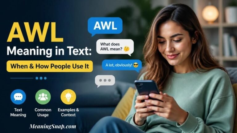 Smiling woman holding a smartphone looking at AWL meaning in text message popups in a cozy living room setup.