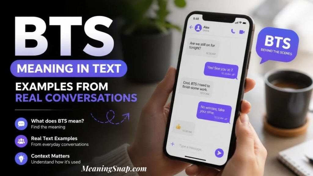 Hand holding smartphone displaying a chat message using BTS in conversation beside purple speech bubble defining behind the scenes.