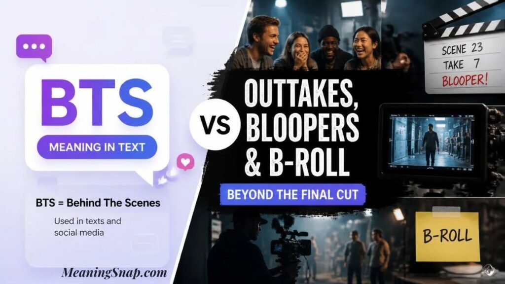 Split banner comparing BTS meaning in text with film production terms outtakes, bloopers, and b-roll.   
