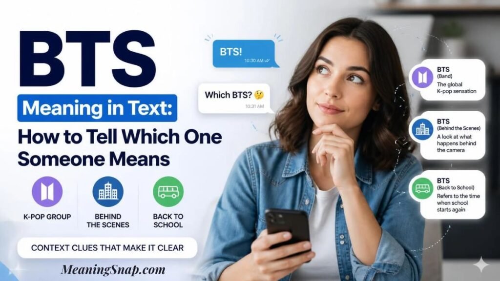 Thoughtful woman holding smartphone analyzing BTS meaning in text with breakdown cards for K-pop band, Behind the Scenes, and Back to School.   