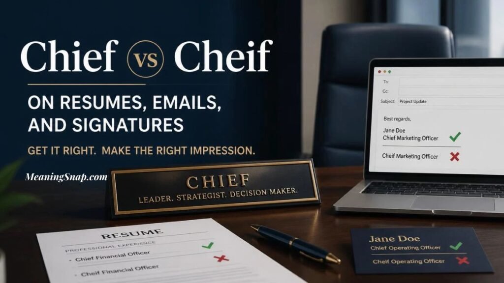 A desk setup featuring a resume, laptop email, and business card comparing "Chief" and "Cheif" alongside headline text explaining Chief vs Cheif on resumes, emails, and signatures.   