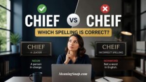 A woman sitting at a desk with a laptop looking thoughtfully upward between two plaque graphics comparing CHIEF vs CHEIF alongside headline text asking which spelling is correct.