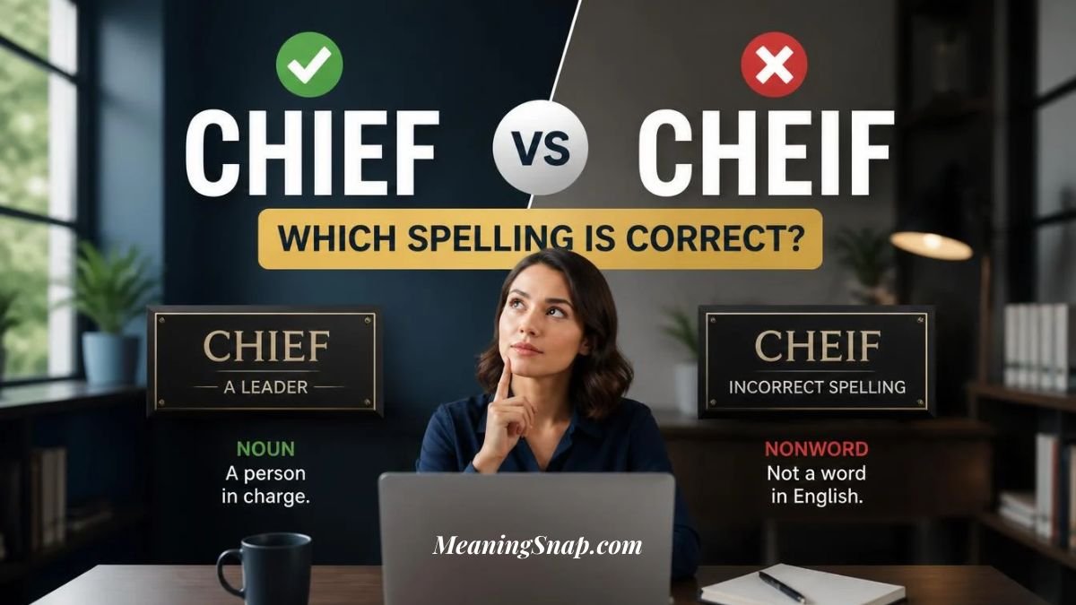 A woman sitting at a desk with a laptop looking thoughtfully upward between two plaque graphics comparing CHIEF vs CHEIF alongside headline text asking which spelling is correct.