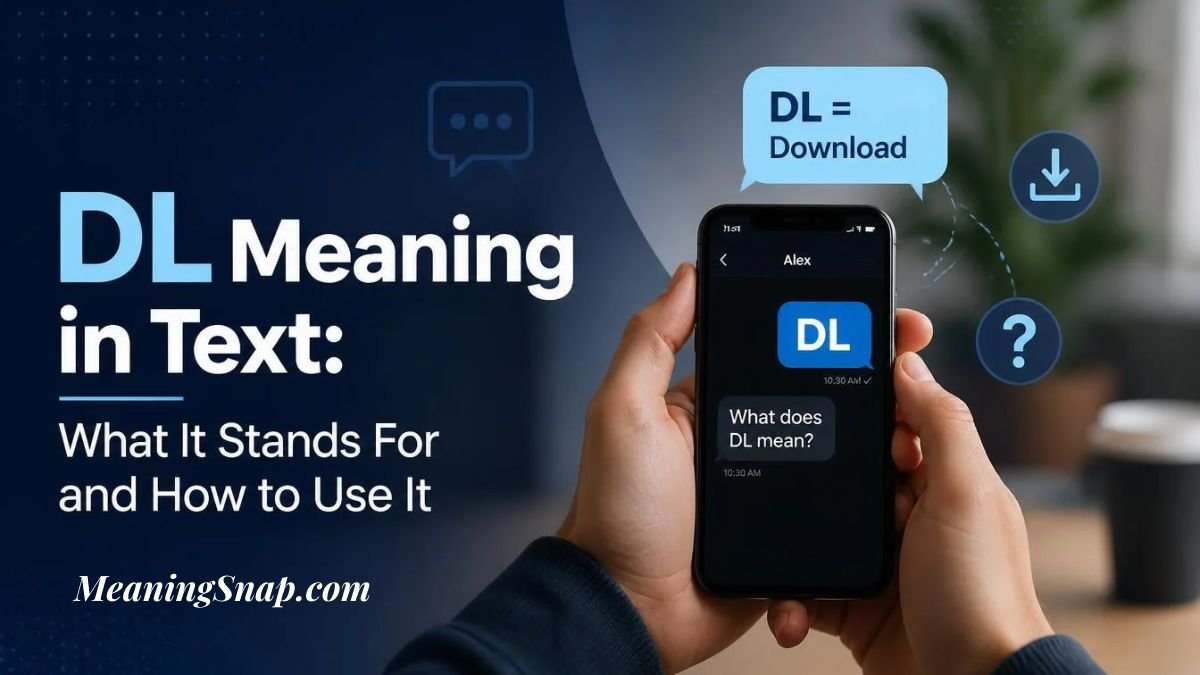 Hands holding smartphone displaying chat screen with DL meaning in text as Download and a question mark icon.