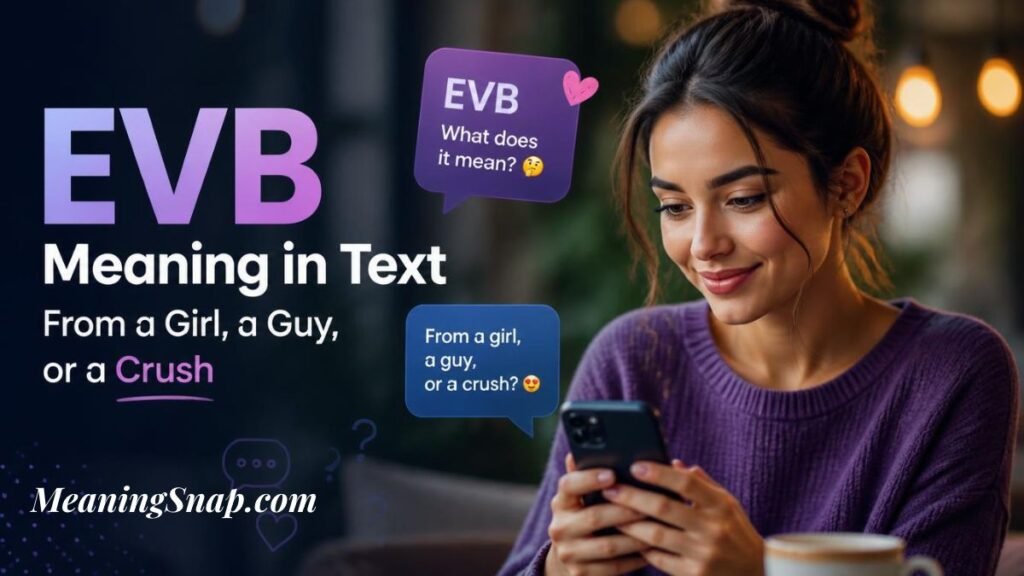 Smiling woman in a purple sweater looking at her smartphone with floating EVB meaning chat bubbles.   