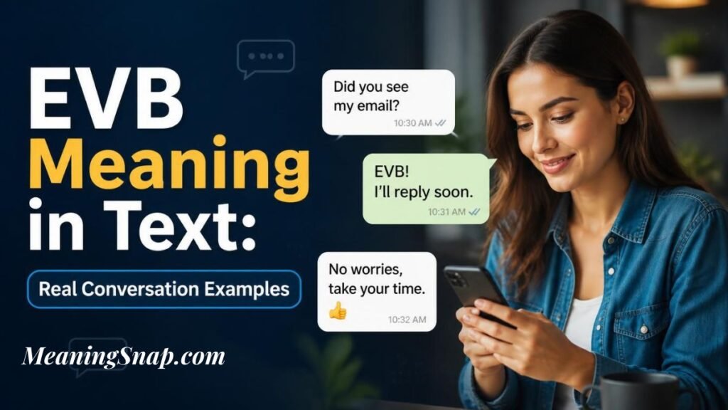 Smiling woman in denim shirt looking at smartphone with chat bubbles showing EVB meaning in text real conversation examples.   