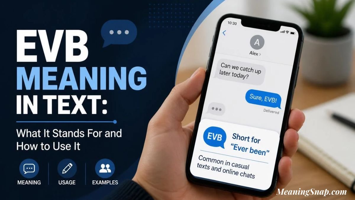 Hands holding smartphone displaying chat screen with EVB meaning in text as Ever been alongside definition and feature icons.