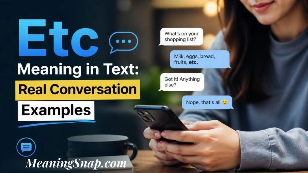Woman holding smartphone showing chat conversation using etc abbreviation in list of items at desk beside notebook.