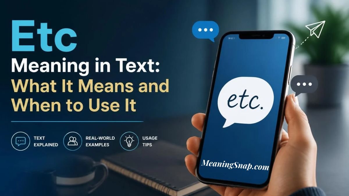 Hand holding smartphone showing etc abbreviation in speech bubble on desk next to notebook, cup, and usage guide icons.Etc Meaning in Text
