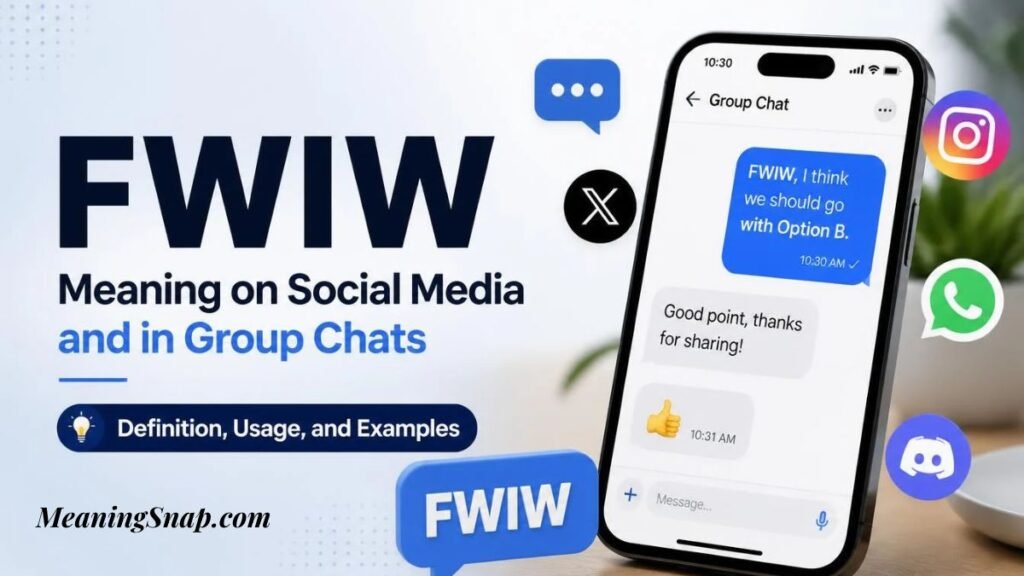 Smartphone screen displaying a group chat thread explaining FWIW meaning on social media and in group chats.