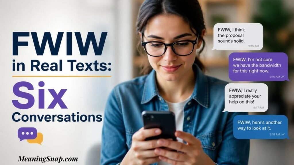 Smiling woman with glasses looking at smartphone displaying message thread illustrating FWIW in real texts across conversations.