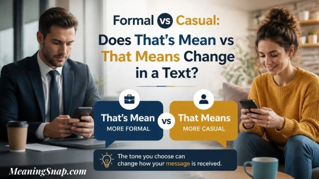 Man in suit and smiling woman in sweater texting on phones comparing formal and casual tone of That's Mean vs That Means.