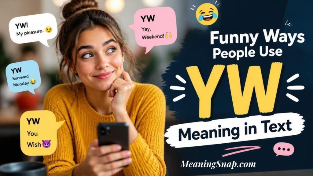 Smiling woman in a yellow sweater holding a smartphone with humorous chat bubbles showing alternative funny ways people use YW meaning in text.