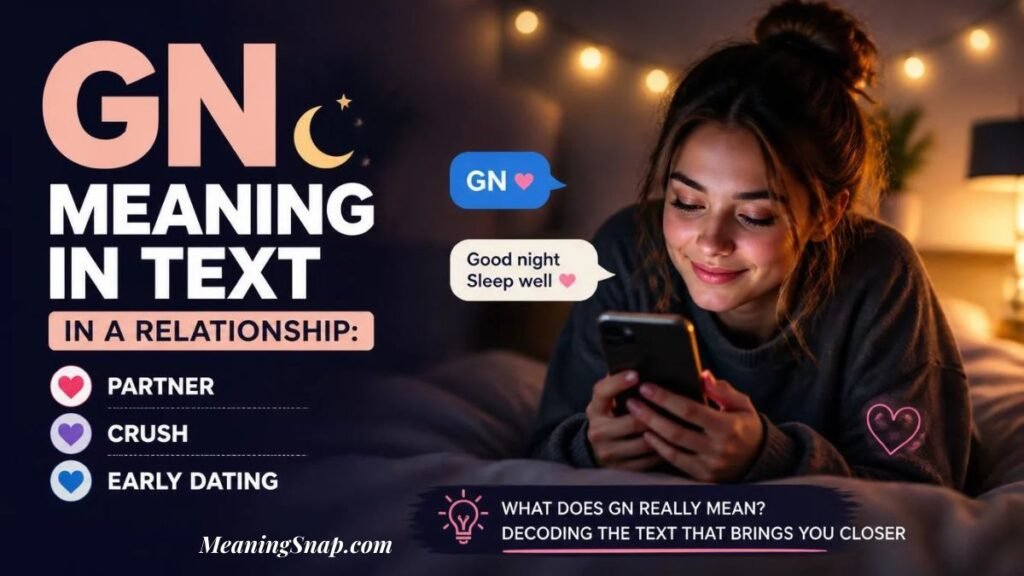 A young woman smiling at her smartphone in bed at night with speech bubbles reading "GN ♥" and "Good night Sleep well ♥" alongside text exploring the GN meaning in text in a relationship.