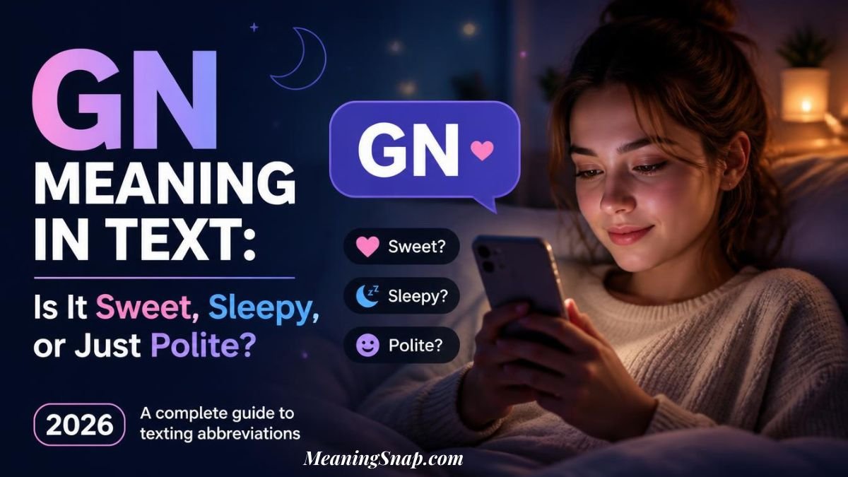 A young woman in a cozy room at night holding a smartphone with a floating speech bubble reading "GN ♥" alongside headline text asking if the GN meaning in text is sweet, sleepy, or just polite for 2026.