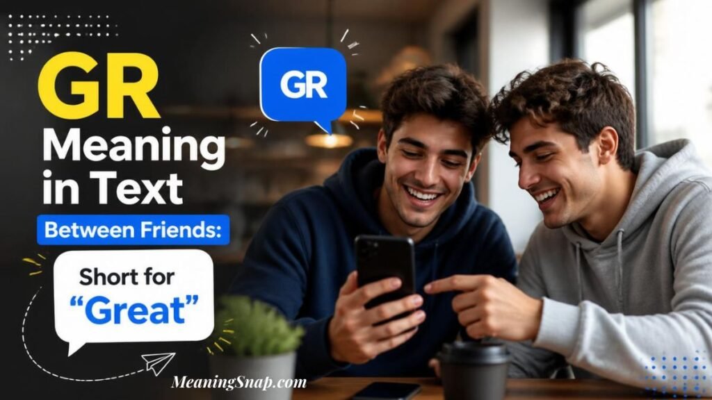 Two smiling young men looking at a smartphone together next to a speech bubble reading "GR" alongside headline text explaining the GR Meaning in Text between friends.   