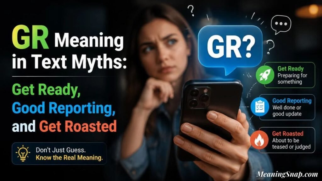 A woman looking thoughtfully at her smartphone next to floating chat bubbles and breakdown boxes debunking common GR meaning in text myths like Get Ready, Good Reporting, and Get Roasted.   