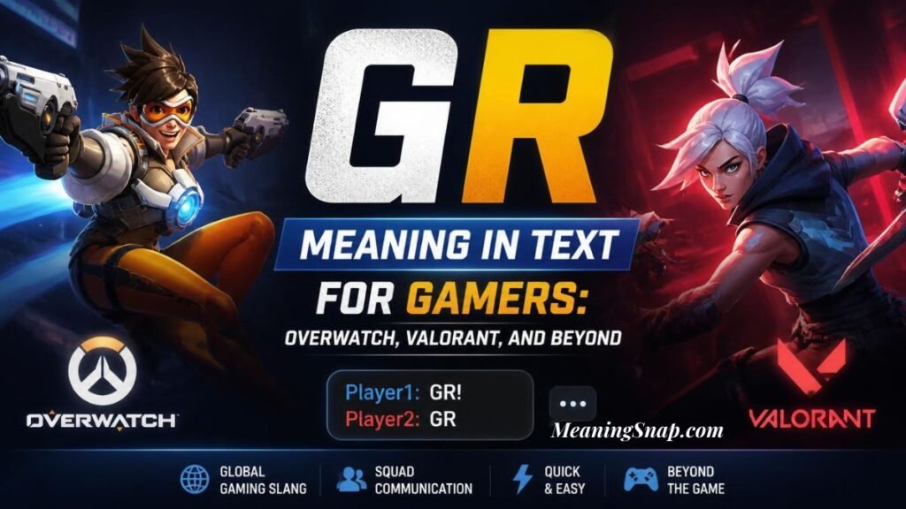 A gaming graphic featuring characters from Overwatch and Valorant next to bold text reading "GR" and headline text explaining the GR meaning in text for gamers.   