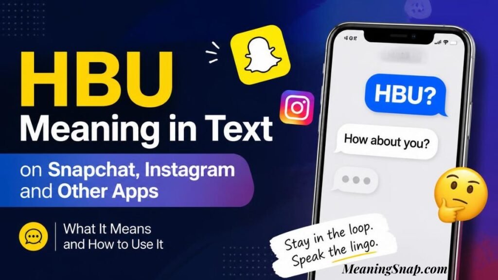 A smartphone showing a message chat reading "HBU? How about you?" alongside social media icons and headline text explaining the hbu meaning in text on Snapchat, Instagram, and other apps.