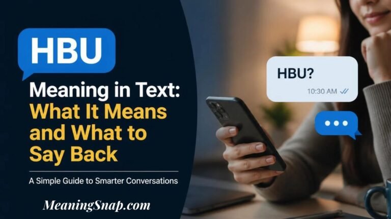 A person holding a smartphone with a floating speech bubble reading "HBU?" alongside headline text explaining the hbu meaning in text and how to respond.