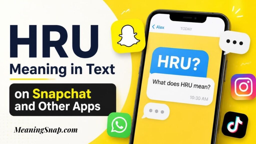 Smartphone screen displaying HRU meaning in text on Snapchat alongside social media app icons.   