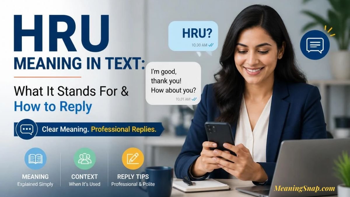 Smiling professional woman in a dark blazer looking at her smartphone with chat bubbles showing HRU meaning in text as How are you.