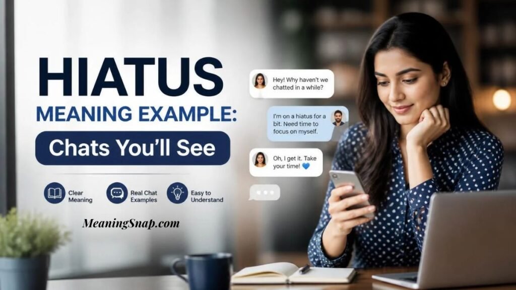 A woman resting her chin on her hand while looking at her smartphone next to a text message thread explaining the HIATUS MEANING EXAMPLE in chats you'll see.