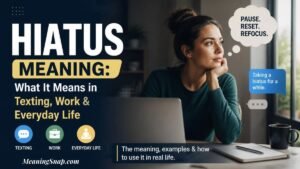 A woman sitting at a desk with a laptop looking thoughtfully out a window with a thought bubble reading "PAUSE. RESET. REFOCUS." alongside headline text explaining the HIATUS meaning in texting, work, and everyday life.