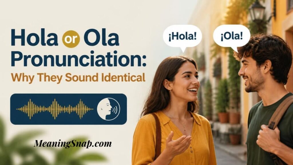 Smiling woman and man speaking on a picturesque European street comparing Hola or Ola pronunciation and audio sound wave graphics.
