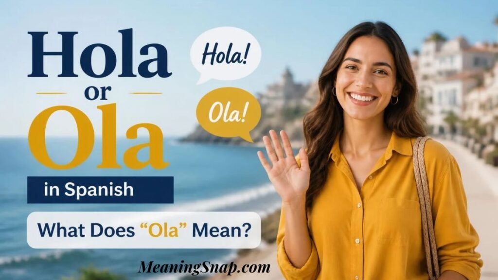 Smiling woman in yellow shirt waving hand on coastal walkway explaining Hola or Ola in Spanish and the meaning of Ola.   