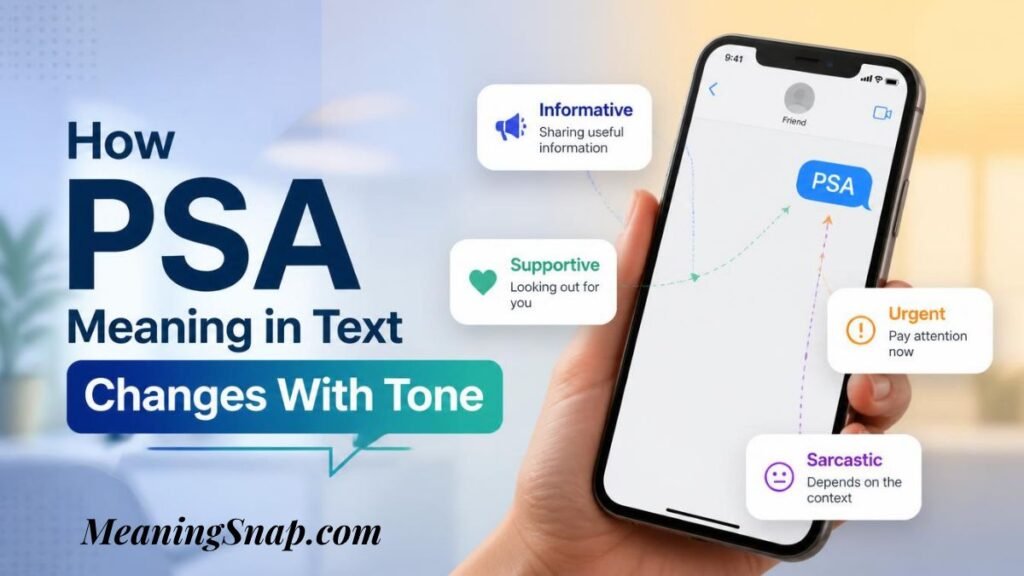 Hand holding smartphone displaying PSA text message mapped to informative, supportive, urgent, and sarcastic tone badges.   