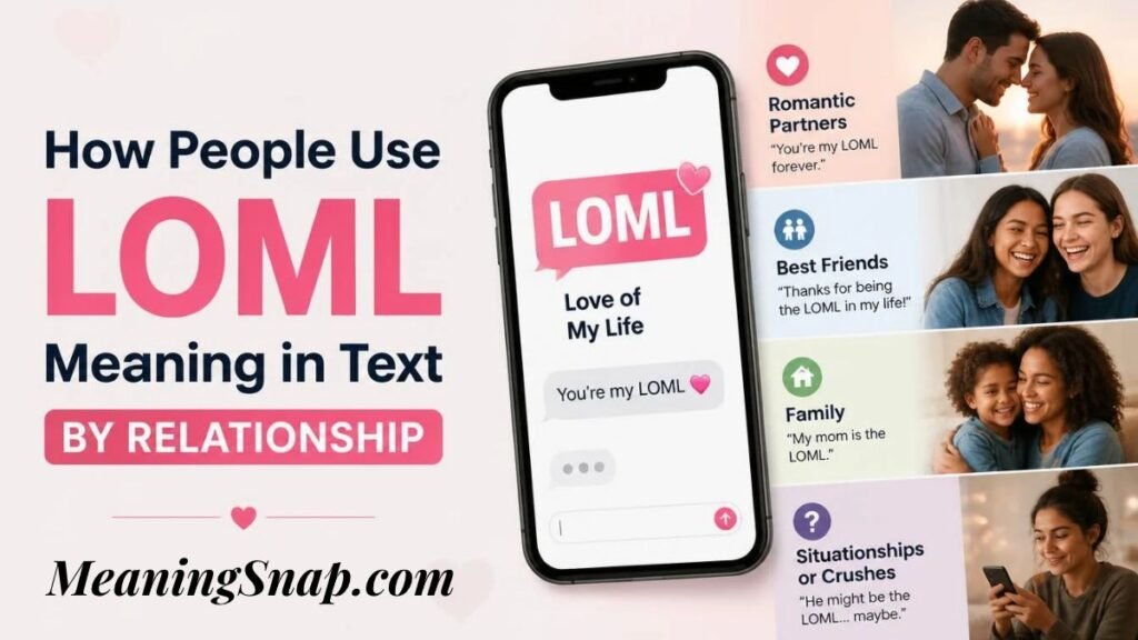 Smartphone screen displaying LOML Love of My Life text thread alongside relationship usage examples for romantic partners, friends, family, and crushes.   