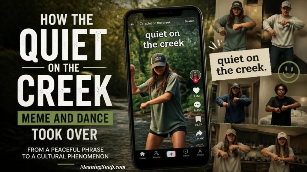 Smartphone displaying a social media dance video for the "quiet on the creek" meme alongside multiple clips of creators doing the dance.   