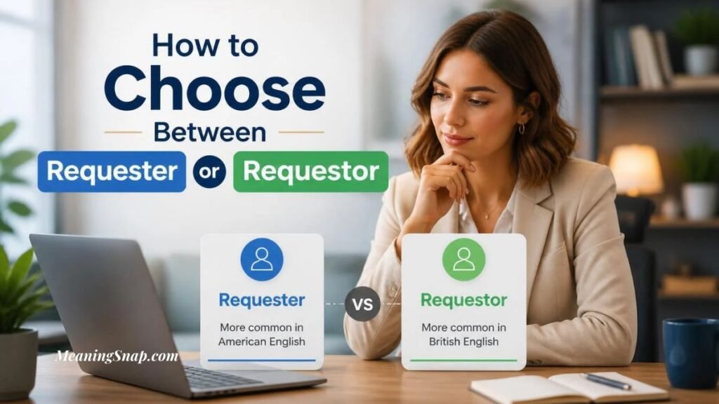 Thoughtful woman in beige blazer sitting at desk comparing blue Requester card for American English against green Requestor card for British English.   