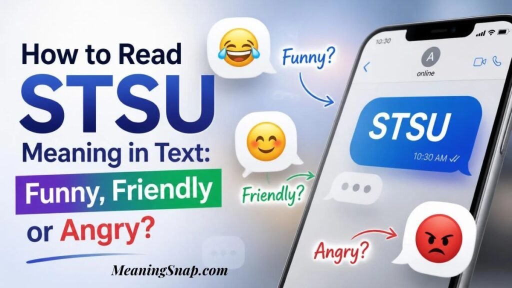 Smartphone screen showing STSU meaning in text surrounded by laughing, smiling, and angry emoji speech bubbles evaluating tone.