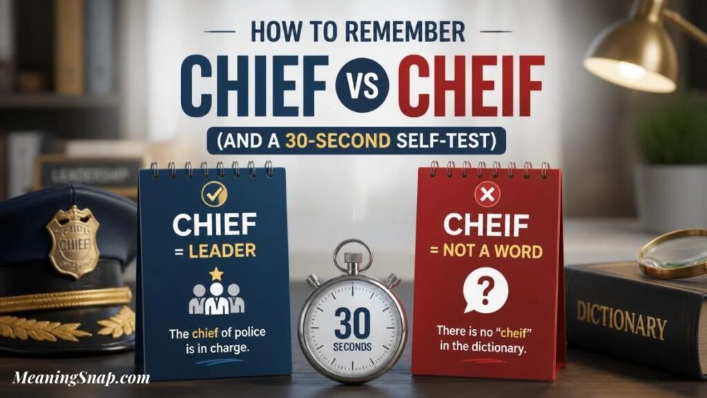 A stopwatch set to 30 seconds between two desk calendars comparing "CHIEF" and "CHEIF" alongside headline text explaining how to remember CHIEF vs CHEIF with a quick self-test.   