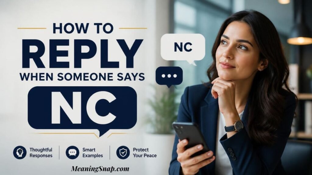 Thoughtful woman holding smartphone at desk displaying guide on how to reply when someone says NC.   