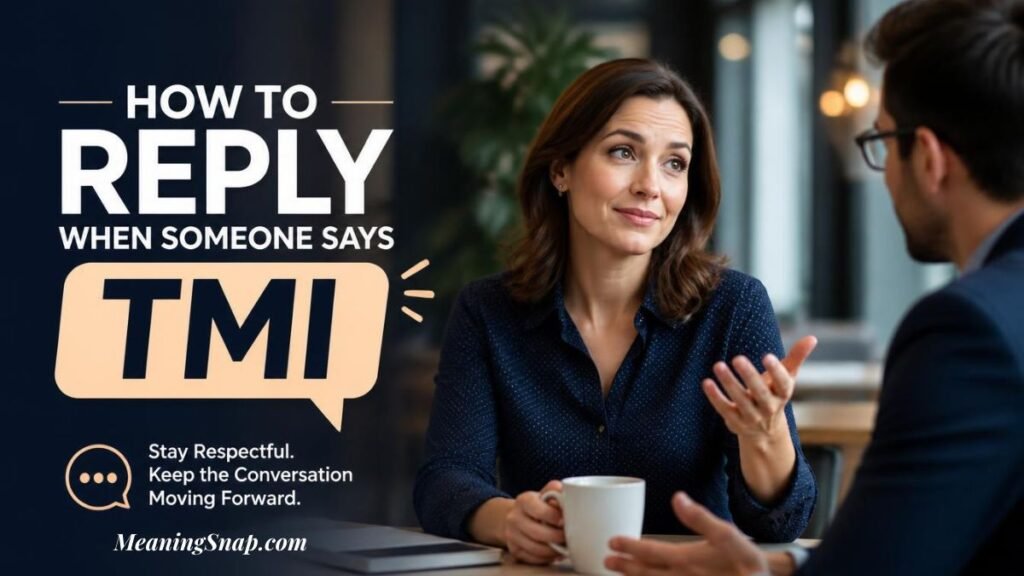 A woman holding a coffee mug and gesturing while talking with a colleague at a desk alongside headline text explaining how to reply when someone says TMI.